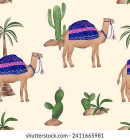 Desert illustration camel, cactus plant and palm tree ornament seamless pattern