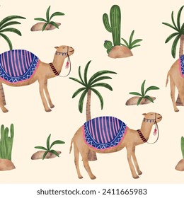 Desert illustration camel, cactus plant and palm tree ornament seamless pattern