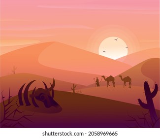 Desert illustration with camel. Desert landscape