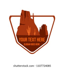 Desert illustration logo with rocky mountains, cactus, suit for marketing materials, tourism organizations, outdoor events and camping leisure