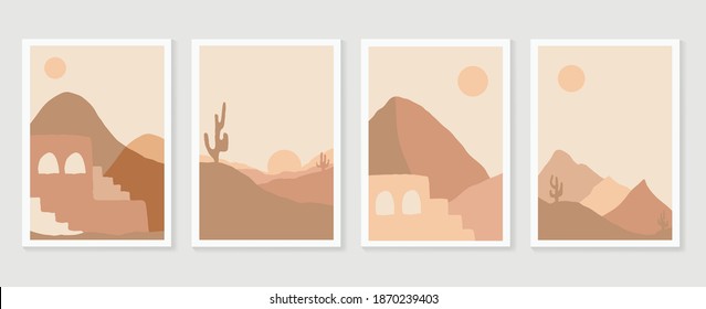 Desert illustration minimal wall arts design vector.  Collection of mountain and landscape of oasis town desert sand and giant saguaro cactus sunset hand drawn digital arts for print and wallpaper.