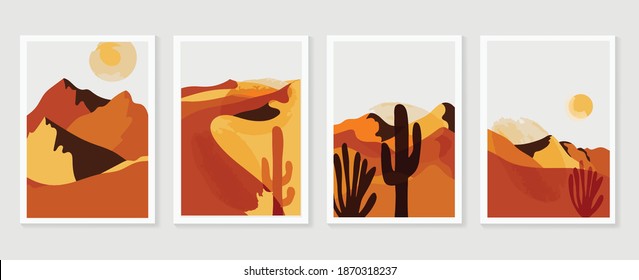 Desert Illustration Minimal Wall Arts Design Vector.  Collection Of Mountain And Landscape Of Oasis Town Desert Sand And Giant Saguaro Cactus Sunset Hand Drawn Digital Arts For Print And Wallpaper.