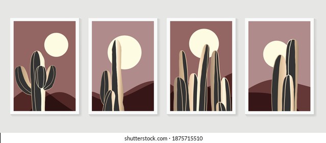 Desert illustration minimal wall arts design vector.  Collection of mountain and landscape of oasis town desert sand and giant saguaro cactus sunset hand drawn digital arts for print and wallpaper.
