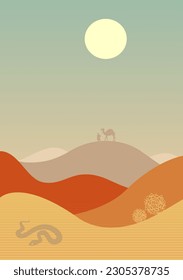 Desert illustration shows silhouettes of Bedouin, camel and snake among dunes.