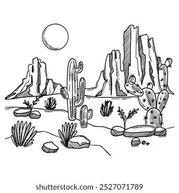 Ilustração do deserto. Desenho no deserto com cactos e montanhas. Paisagens do deserto. Ilustração vetorial