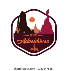 Desert illustration vector isolated in white background. Hexagonal logo badge.