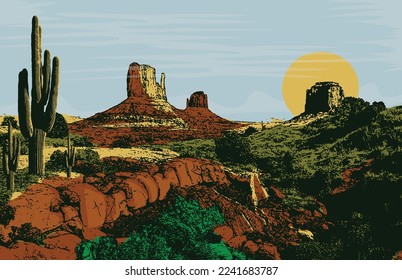 Desert illustration in vector, Desert landscape. Desert area, sand terrain - Africa, Sahara, or Arizona nature. Wilderness background. Safari. Wild West. Vector illustration.