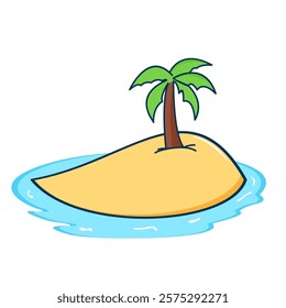 A desert island Cartoon illustration, tropical island, sandy beach, palm tree, blue ocean, sunny day, relaxing vacation, leisurely travel, colorful, playful, whimsical.