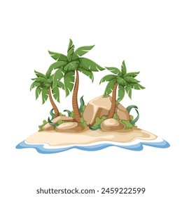 Desert island, cartoon landscape of tropical beach. Funny stranded coconut palm trees growing on sand with rocks, cartoon uninhabited paradise island for treasure of pirates vector illustration