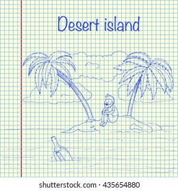 Desert island. Concept for loneliness. Hand drawn vector stock illustration. Sheet ball pen drawing