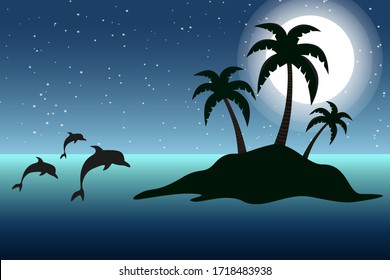 Desert island and dolphins in the moon light. Sea horizon vector illustration.