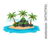 Desert island in flat style on a white background. Island with rock and palm trees. Cartoon island in the ocean.