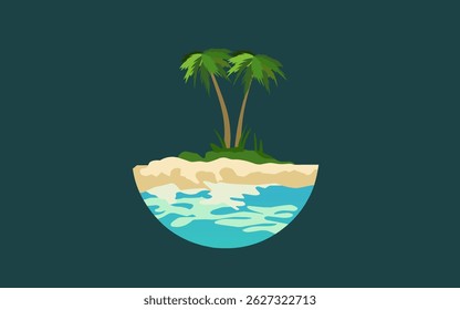 Isla del desierto en estilo plano sobre un fondo blanco. Isla con rocas y palmeras. Isla de dibujos animados en el océano.