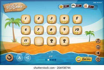 Diseño de interfaz de usuario de juegos de desert Island para tablet/ Ilustración de un divertido fondo de interfaz de usuario de juegos de playa tropical de verano, en estilo de caricatura con botones básicos, para tableta de pantalla ancha