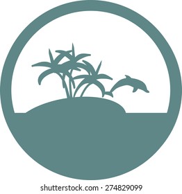 desert island icon vector illustration; dolphin jumps near the island vector; palms on island vector; 