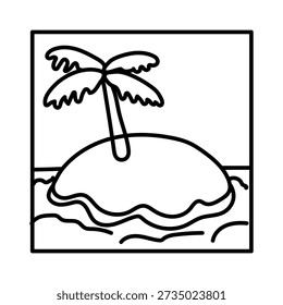Desert Island Icon Vector Set Isolated on White Background. Desert island icon vector set featuring palm trees, tropical island, sand, ocean waves, sun, and beach elements.