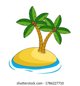 Desert island illustration isolated on white. Exotic paradise land. Cartoon caribbean edge with sand, ocean and tropical palm trees. Blank scenery for holidays journey. Empty drawing scene clipart.