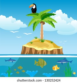Desert island and ocean with fish