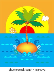 Desert Island at ocean, a palm tree, the sun, the ship