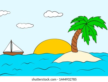 Desert Island One Palm Tree Ship Stock Vector (Royalty Free) 1444932785