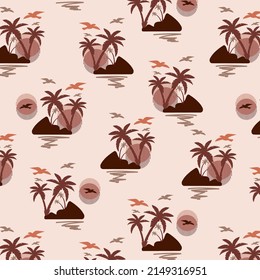 Desert island with palm sunset and seagulls pattern