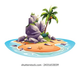 Desert island with palm tree and rocks cartoon vector illustration isolated on white background