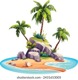 Desert island with palm trees and rocks cartoon vector illustration isolated on white background