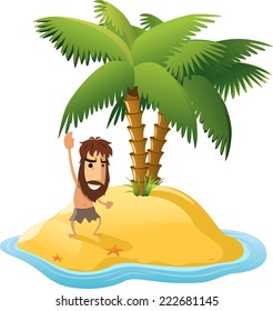 Desert Island With Palm Trees and Shipwrecked Man. With star shape shape vector illustration cartoon