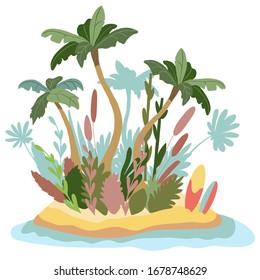 a desert island with palms and abundant vegetation and two surfboards in the yellow sand - flat vector illustration 