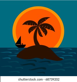 Desert island in the sunset light. Man in the boat on the horizon