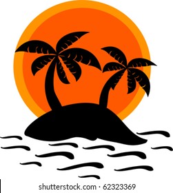 Desert island and sunset vector illustration