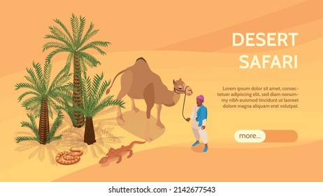 Desert isometric horizontal banner with palm trees snake lizard and bedouin leading camel vector illustration