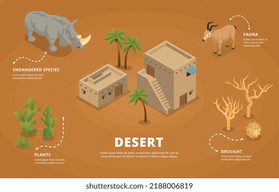Desert isometric infographics background with representatives of endangered species of fauna and plants withstanding drought vector illustration