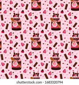 Desert in a jar seamless pattern on pink background. Flat design strawberry chocolate layered cake with sprinkling vector illustration. Sweet delicious trifle cake, pie in jar with wooden spoon print.