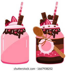 Desert In A Jar Set Isolated On White Background. Flat Design Strawberry Chocolate Milkshake And Layered Cake Sprinkling Vector Illustration. Sweet Delicious Trifle Cake, Pie In Jar With Wooden Spoon.
