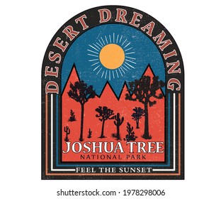 Desert joshua and cactus doodle artwork graphic print design. Joshua tree vector design for apparel. 