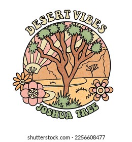 Desert joshua tree retro graphic round badge for t shirt and others. Mountain and sunset landscape vintage hand sketch print design. Vector linear illustration.