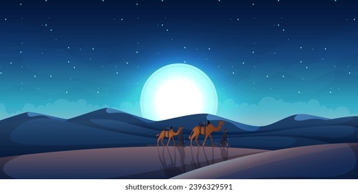 desert landsacape with rolling sands under starry night sky. A desert at night vector illustration. Camel Caravan Crossing Desert Arabian Landscape Illustration