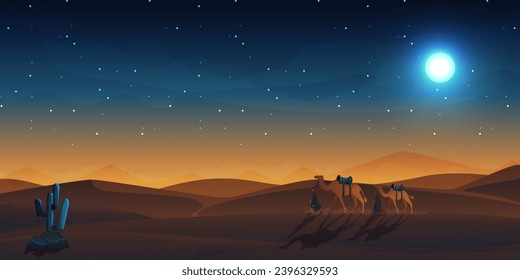 desert landsacape with rolling sands under starry night sky. A desert at night vector illustration. Camel Caravan Crossing Desert Arabian Landscape Illustration