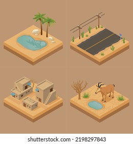 Desert landscape 2x2 design concept set of four isometric compositions with road oasis animals and dwelling vector illustration