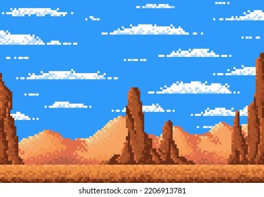 Desert Landscape, 8 Bit Pixel Game Level Background. Vector Arizona Or Texas Mountains, Cracked Soil And Blue Cloudy Sky. Retro 8bit Video Game Location, Pixelated Ground Playing Seamless Platfprm