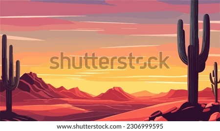 Desert landscape abstract art background. Texas western mountains and cactuses. Vector illustration of Wild West desert with red sky and sun. Design element for banner, flyer, card, sign template