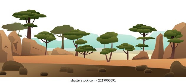 Desert Landscape. African Acacia. Trees Green Foliage. Cartoon Fun Style. Isolated On White Background. Flat Design. Vector