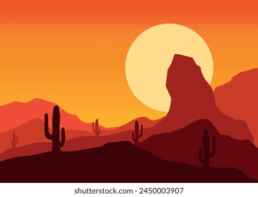 Paisaje del desierto en América de noche. Ilustración vectorial en estilo plano.