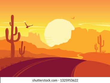 Desert landscape. American road in desert nature background. Vector Arizona prairie landscape with cactuses