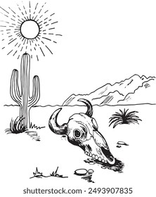 Desert landscape with animal skull, cactus, mountains and sun. Hand drawn doodle stile illustration