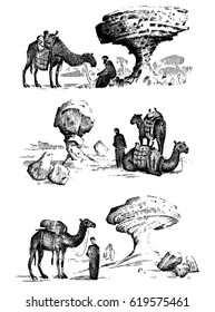 desert landscape with arab and camel next to statue face, touristic hand drawn illustration of exploring in the dust, old arabic man on camelback