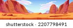 Desert landscape, Arizona or Africa nature with dry ground cross section view and mountains. Cartoon panoramic background, game location with rocks under blue sky with clouds, Vector illustration