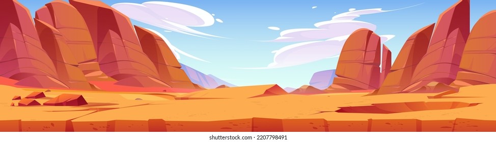 Wüstenlandschaft, Arizona oder Afrika Natur mit trockenem Erdquerschnitt Aussicht und Berge. Cartoon-Panoramahintergrund, Spielplatz mit Felsen unter blauem Himmel mit Wolken, Vektorgrafik