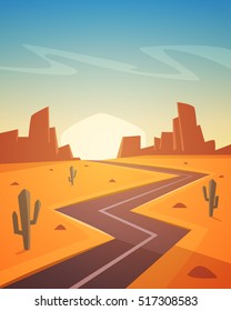 Paisagem do deserto com estrada de asfalto, ilustração vetorial dos desenhos animados.